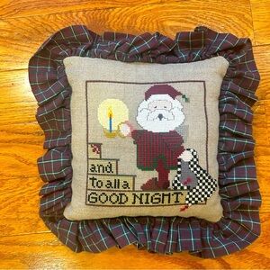 Handmade Crossstitch Christmas Ruffled Plaid Accent Pillow Holiday Santa Vintage